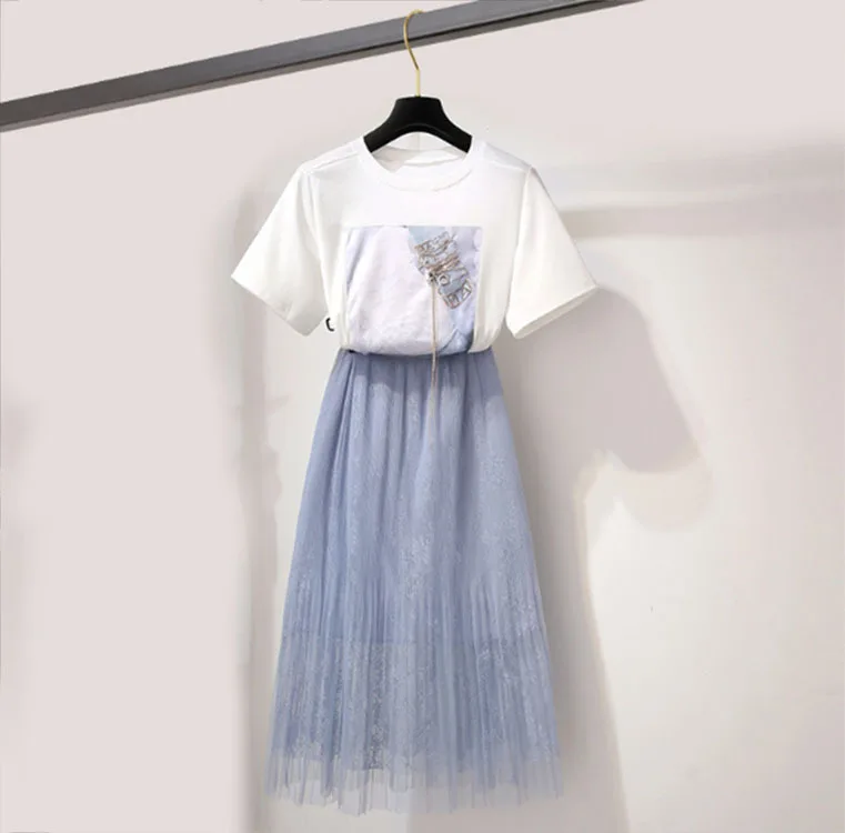 

women two piece outfits pants set White Tees and Pink Mid-calf Skirts Woman 2 Sets Elastic Waist Short Sleeve Female Sets