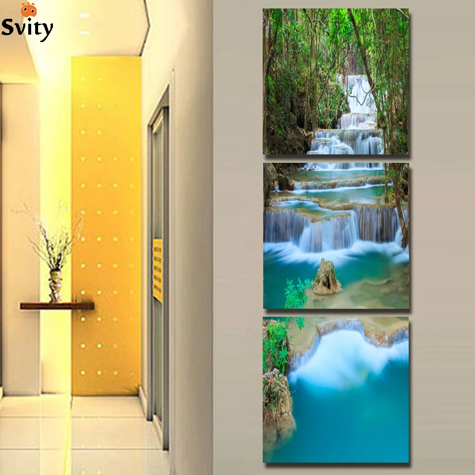 

3 Panel Waterfull Tree Painting Picture Landscape Painting Canvas Art For Living Room No Frame Giveaways wall sticker