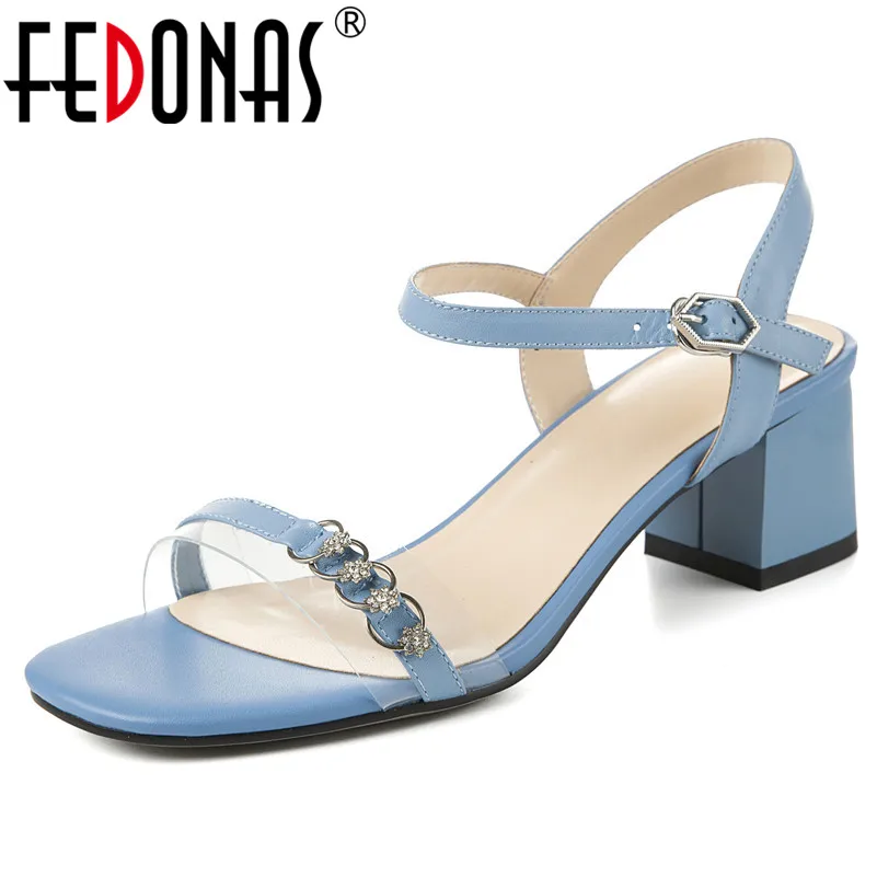 

FEDONAS Fashion Concise Square Heels Summer Prom Party Casual Pumps Elegant Shoes Woman Cow Leather Buckle Strap Basic Sandals