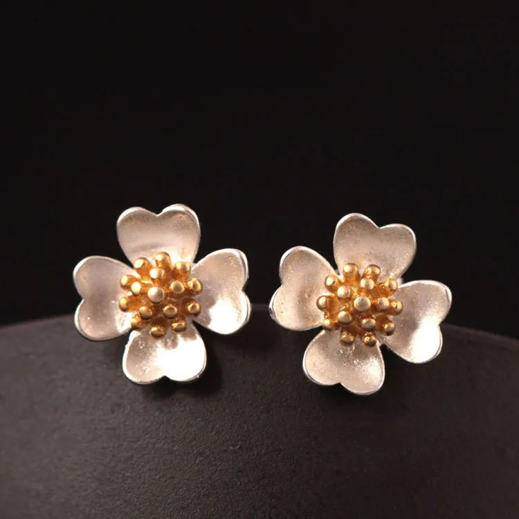 

925 Sterling-silver-jewelry Golden Camellia Flower Stud Earrings For Women High Quality Elegant Lady Accessories