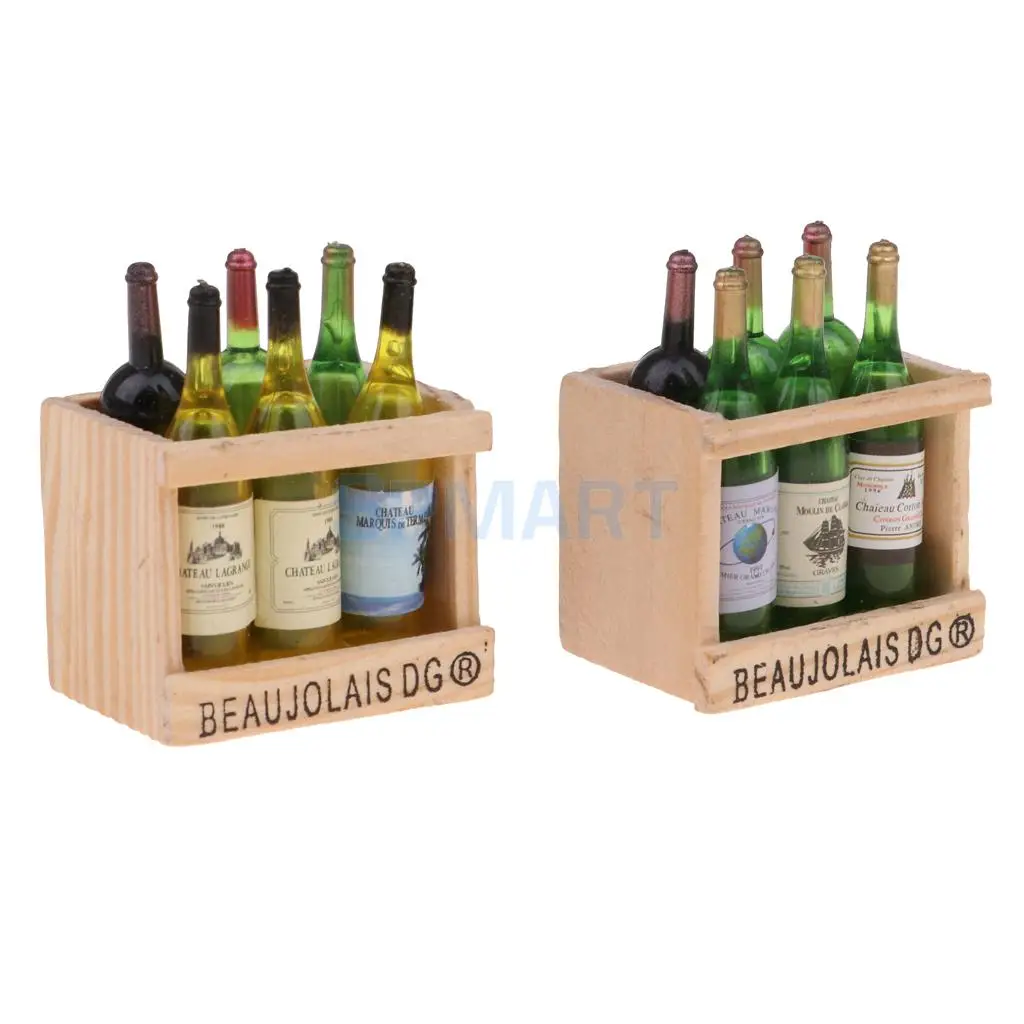 2 Set/ 12 Pieces Miniature Beer Wine Bottles With Magnet Wooden Storage Box 1/12 Dollhouse Kitchen Life Scenes Decoration
