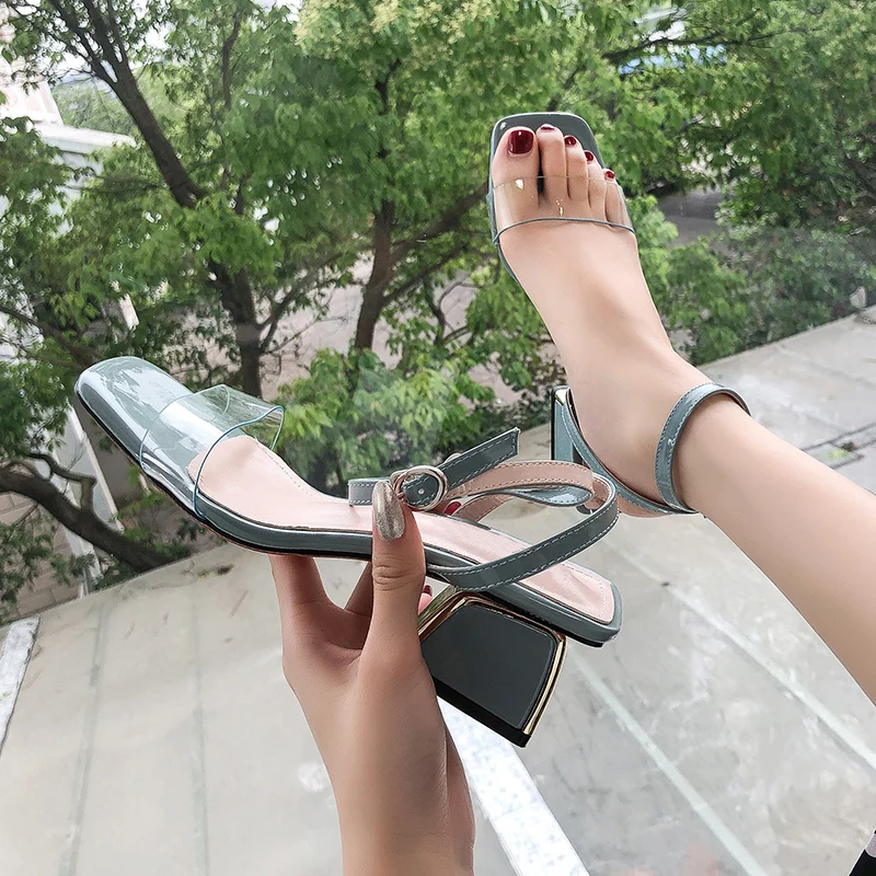 

Single cusp shoe strappy heels toe color block shoes Concise Strappy sandals all match Solid Color schoenen plataformas mujer