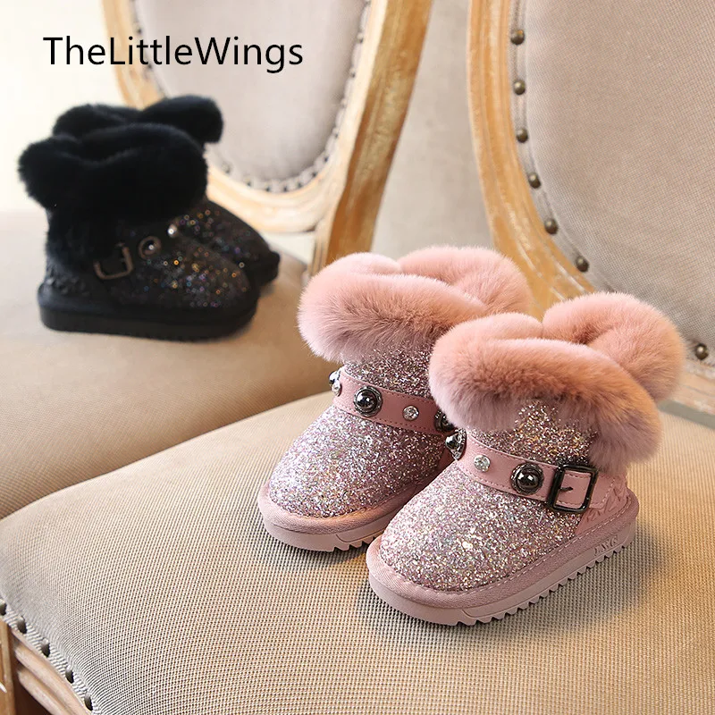 

Winter boots new 1-8 -15 year old school soft bottom anti slip warm cotton girl's short boots Rabbit's hair rhinestone Rivet