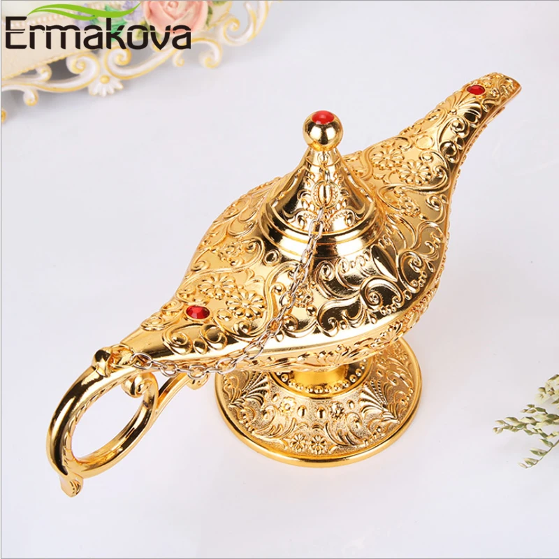 Online ERMAKOVA Large size Colorful Metal Genie Magic Lamp Retro Wishing Oil Lamp Pot Incense Burner Home Decor Collection Souvenir