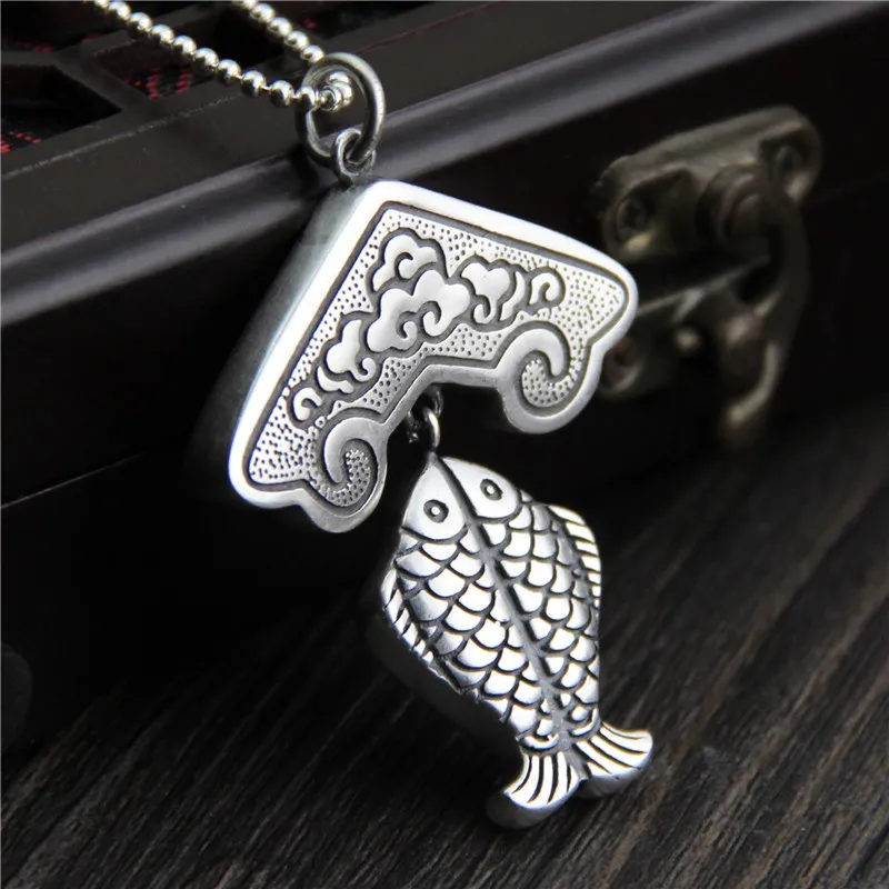 

C&R Real 999 Sterling Silver pendant Necklace for women Do the old retro female double fish Thai Silver Fine Jewelry