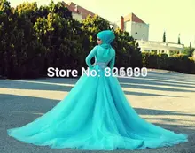 Vintage Ball Gown Puffy Aqua Green Hijab Long Sleeve Arabic/Turkish/Muslim Bridal Dress 2017 Tulle Bridal Gowns Wedding Dress