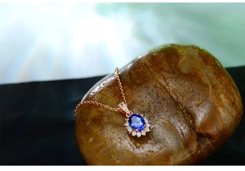 CaiMao 14K Rose Gold 1.03 ct Natural IF Blue Tanzanite AAA 0.33 ct Full Cut Diamond Engagement Gemstone Pendant Jewelry