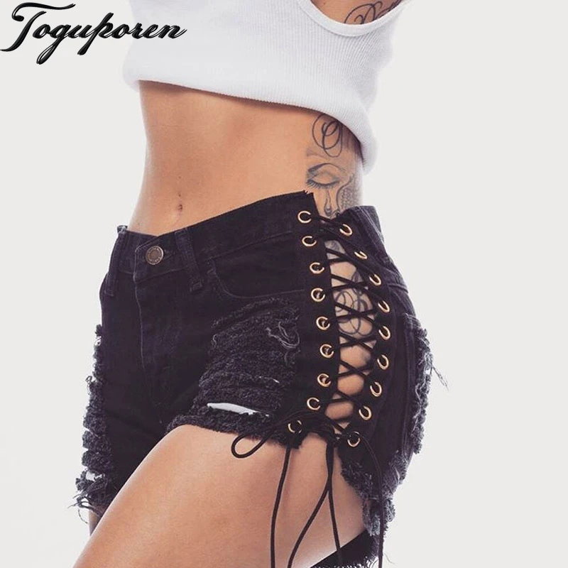 

Black Fashion Side Lace Up Shorts Women 2018 Summer Ripped Jeans Shorts Bandage Denim Femme Short Jeans Woman Sexy Skinny