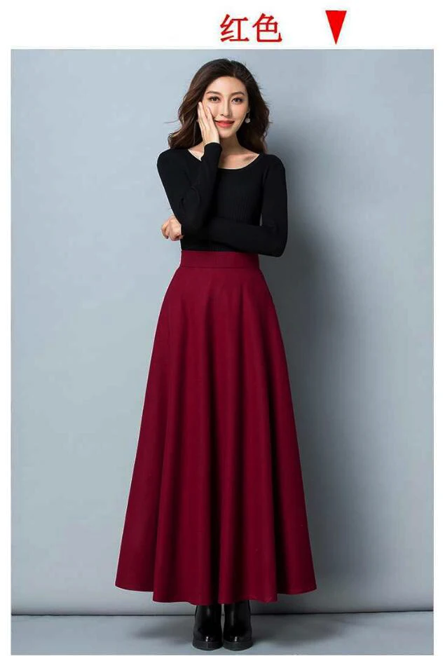 Новая Осенняя Женская тонкая юбка, Женская шерстяная юбка, зимняя повседневная черная серая красная плиссированная юбка с высокой талией, Длинная женская юбка XS 19