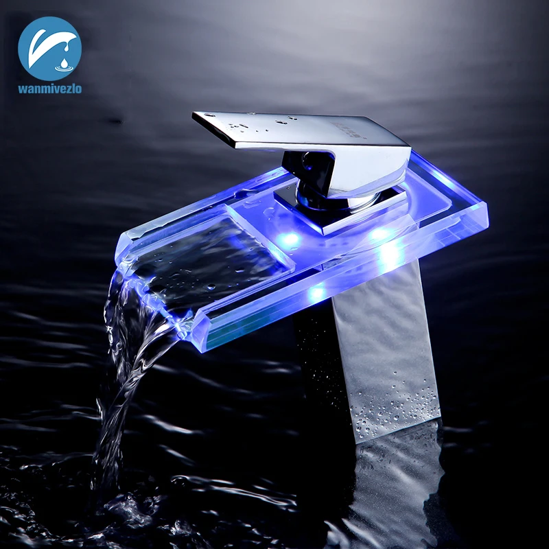 

Glass Waterfall LED Basin sink Faucet Colors Change with Temperature Bathroom sink Mixer Brass Cold Hot Washing Vessels tap