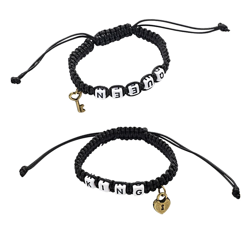 

Creative New Fashion KING QUEEN Black Hand-Woven Men And Women Bracelets Couple Bracelet Lock Core Key Pendant Jewelry Gift