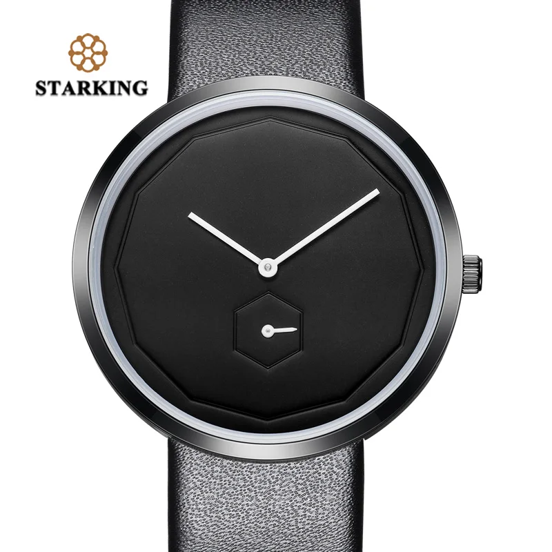 STARKING, черные женские часы, кварцевые, Relojes Hombre,, унисекс, часы 40 мм, Безликий дизайн, кожа, модные, простые, наручные часы для мужчин - Цвет: Черный