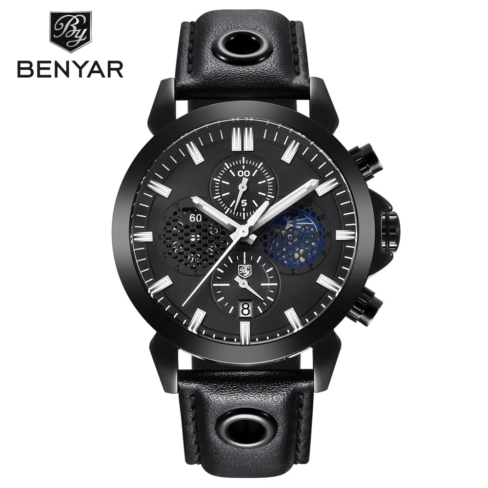 BENYAR 2018 New Chronograph Men Watches Top Brand Luxury Quartz Wristwatch Waterproof Sport Watch Leather Strap Clock erkek saat 2018 new benyar sport chronograph fashion watches men waterproof luxury brand quartz moon phase watch clock saat dropshipping
