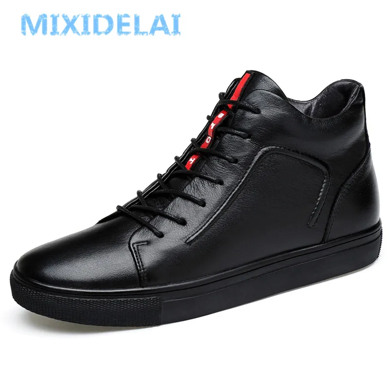 online MIXIDELAI 100% Genuínos Homens de Couro do Tornozelo Botas de Inverno de Alta Top Homens Botas Flats Botas Dos Homens Botas de Neve Manter Quente Dos Homens sapatos de inverno