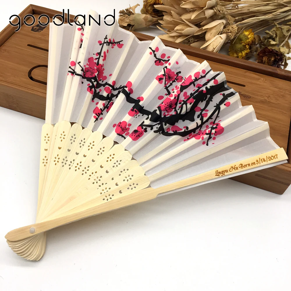 

White Polyester Fans 30Pcs Elegant Plum Blossom Flower Print Folding Hand Fans Personalized Printing Text Wedding & Party Gift