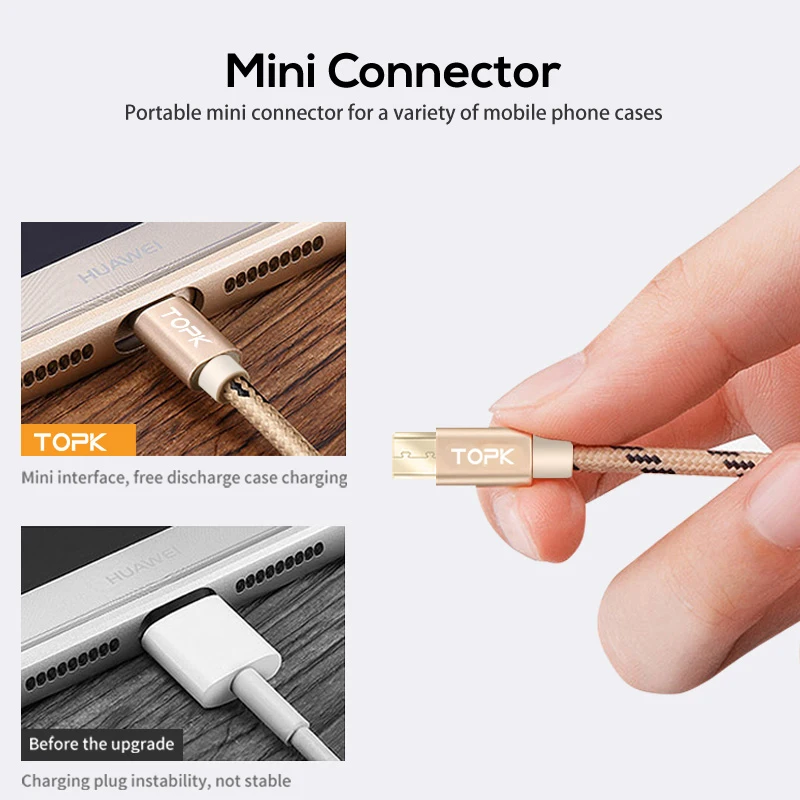 TOPK Cable Micro USB 2.4A rápido de sincronización de datos Cable de carga para Samsung Huawei Xiaomi LG Android Microusb Cables de teléfono móvil