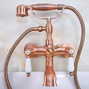 Antique Red Copper Brass Wall Mounted Bathroom Clawfoot Tub Faucet Mixer Tap Telephone Shower Head Dual Ceramic Handles ana327 wall mounted polished chrome round rain shower faucet tub mixer tap dual cross handles hand held shower head acy351
