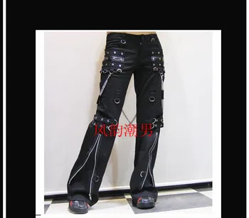 

2019 new Korean version of the trend of punk personality bell pants men's hip hop rivet trousers singer costumes