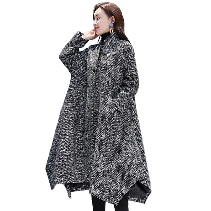 

Fashion Woolen Coat Women 2019 Spring Autumn Cloak Coat Female Large size Standing collar Long sleeve Long Cloak Jackets A2625