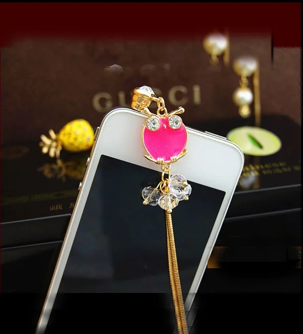 

New Fashion Cute Double-sided Dripping Water Diamond Owl Long Chain of Mobile Phone Dust Plug Ear Plug Earphone Jack Plug