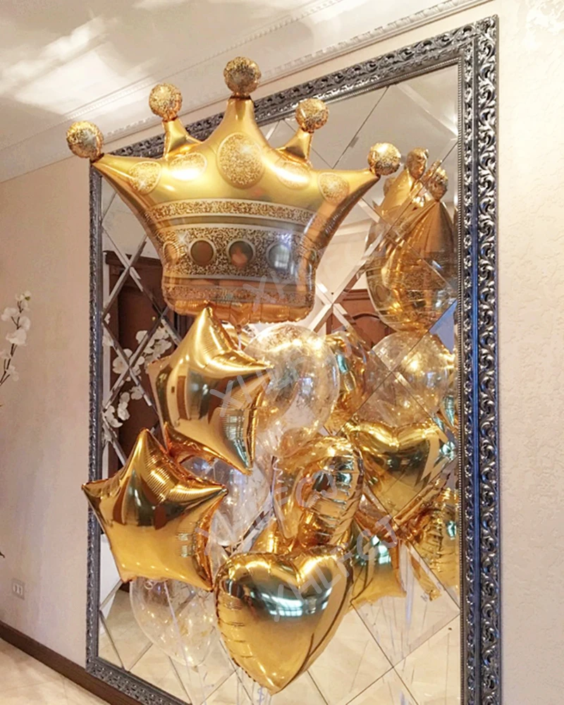 

9pcs Large Gold Crown Balloons Princess Crown Wedding Birthday Party Heart Star Helium Confetti latex Decorations Kids Baloon