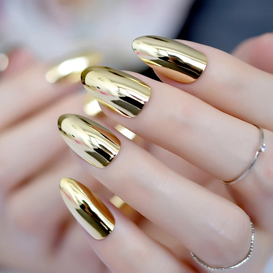 Metallic Mirror Bright Gold False Stilettos Nail Yellow Golden Metal Oval Stiletto Sharp Fake Nails Manicure Full Nails Art Tips