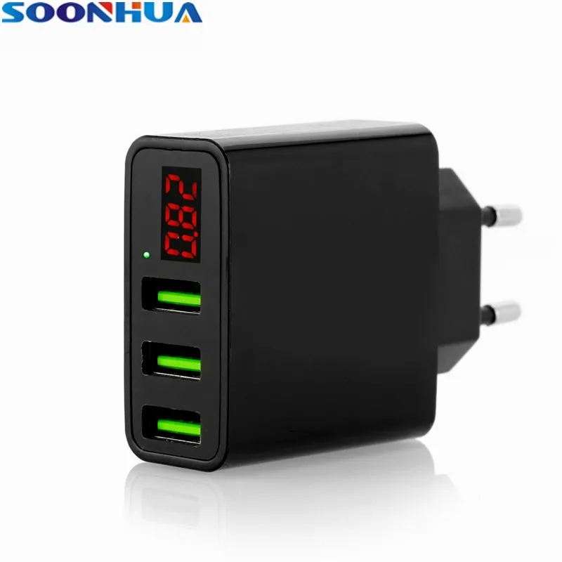 

SOONHUA Portable Universal Triple USB Fast Wall Charger EU US Plugs Charging Adapter Digital Display For iPhone Samsung Xiaomi