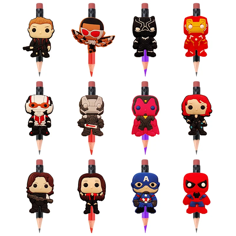 

12pcs The Avenger Hot Movie Figure Cute Pencil Topper DIY Pencil Grips Accessory Caps School Stationery Kids Toy Gifts
