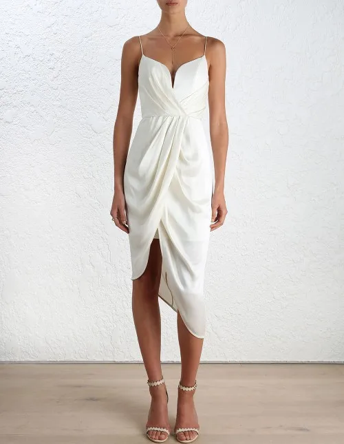 AEL Новинка женское модное однотонное платье на бретельках платье на бретелях с v-образным вырезом элегантное асимметричное вечернее платье - Цвет: Белый