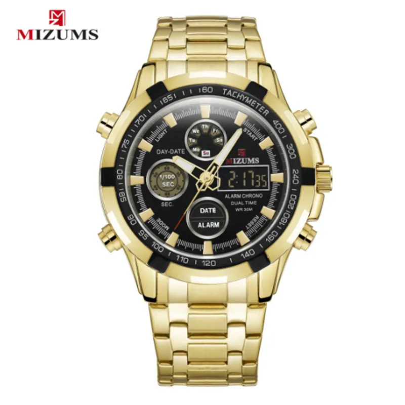 

MIZUMS Brand Men Sports Watches Gold Black Silver Quartz Analog Digital LED Steel Band Chronograph Business Military Waterproof