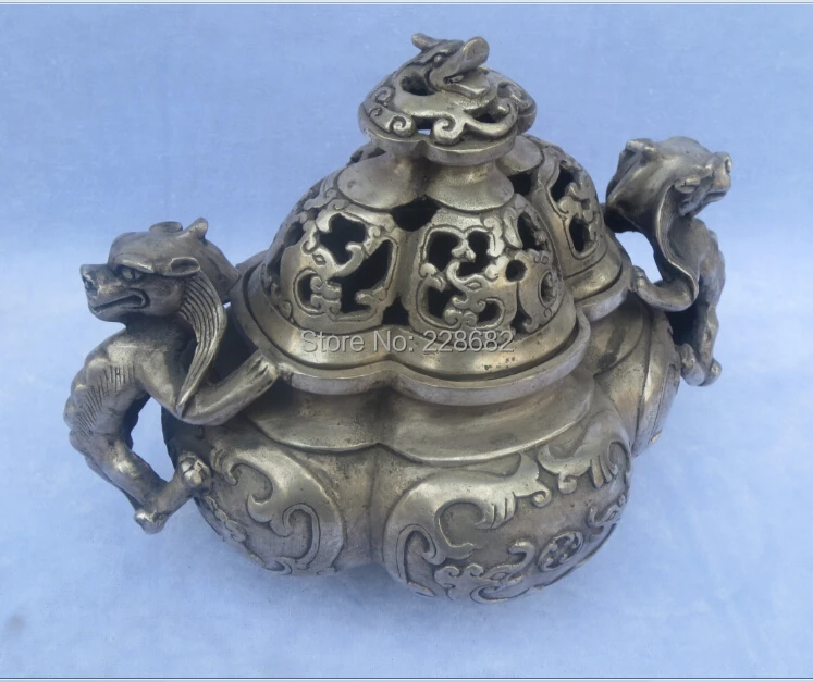 Антикварный, антиквариат, коллекционная, украшенная старинная ручная работа, тибетский серебряный резной дракон с крышкой, большая курильница для благовоний/курильница