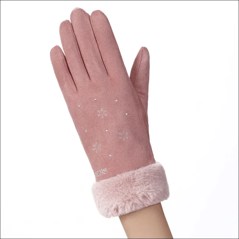 Новые зимние женские кружевные теплые кашемировые варежки с тремя ребрами милого медведя двойные толстые плюшевые женские перчатки для вождения с сенсорным экраном - Цвет: 081E-leather pink