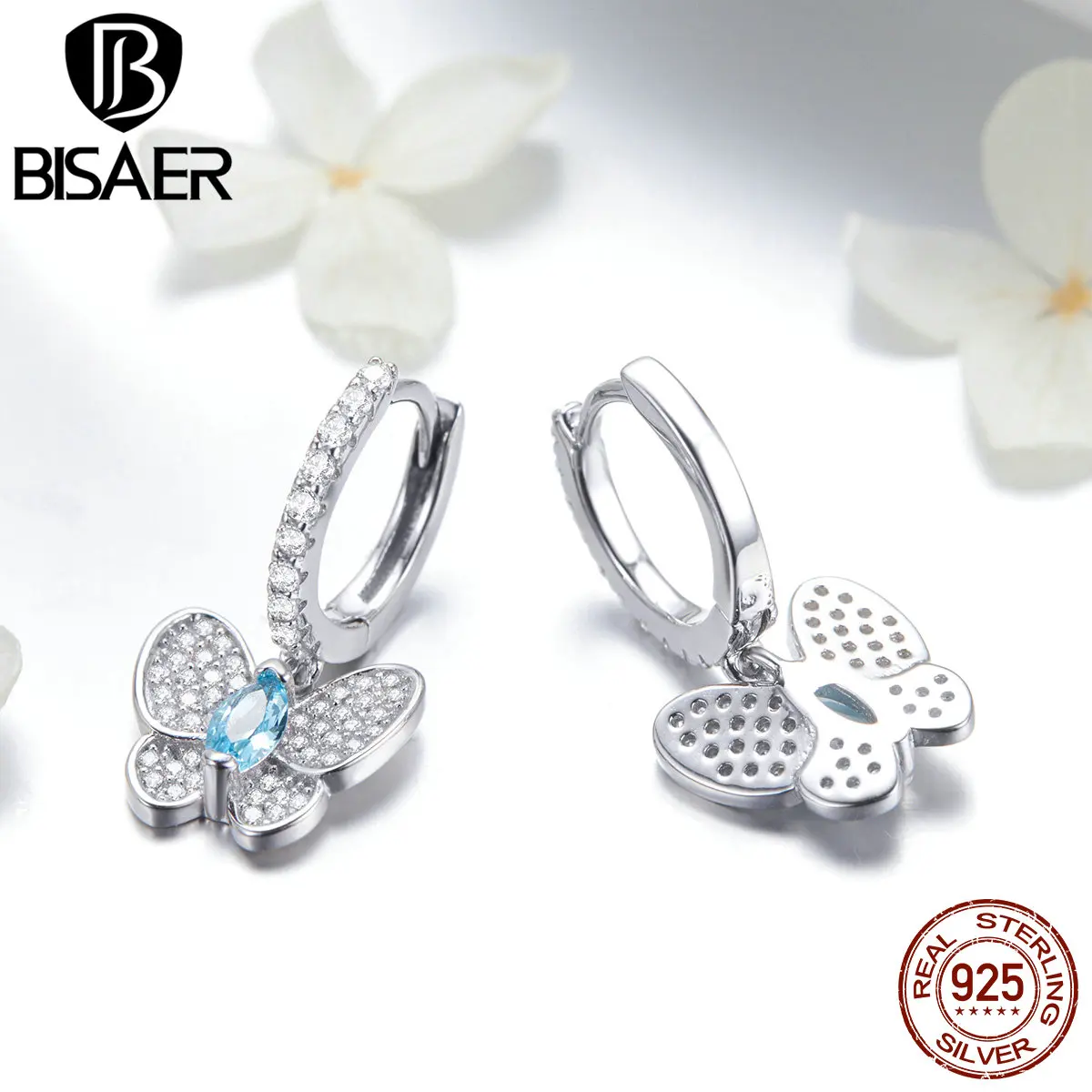 BISAER 925 пробы, серебряные серьги-гвоздики с кристаллами в виде бабочки для женщин, модные серьги с прозрачным кубическим цирконием, ювелирные изделия ECE513