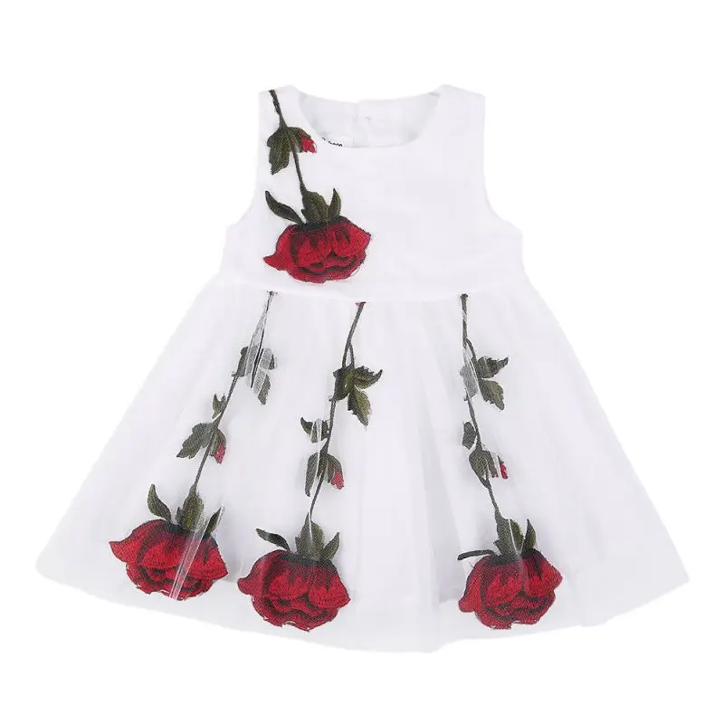 

Summer Lovely Girls Fashion embroidered Rose Dress Children Kids Sleeveless O-Neck Mini Dress