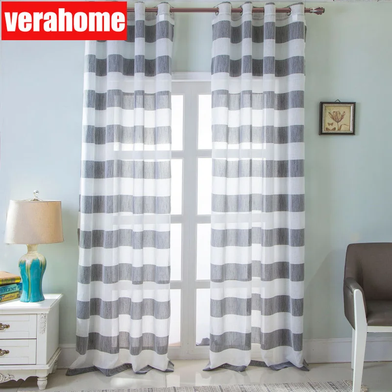 

European American blue grey stripe tulle voile sheers screen curtains for living room bedroom windows