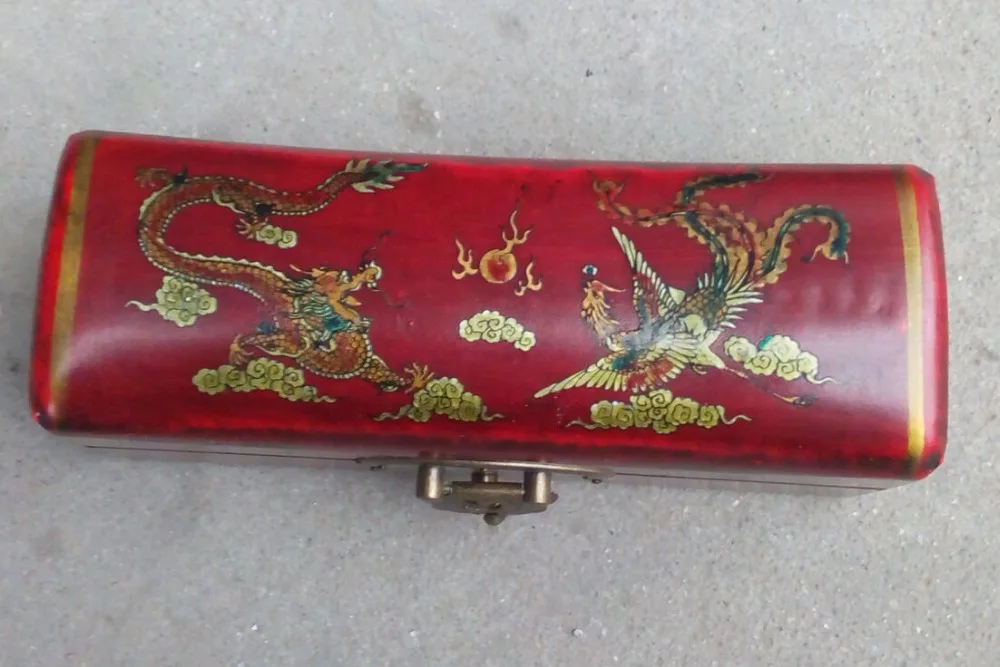 

Crafts statue Rare collection of antique old wood red dragon and phoenix leather box halloween