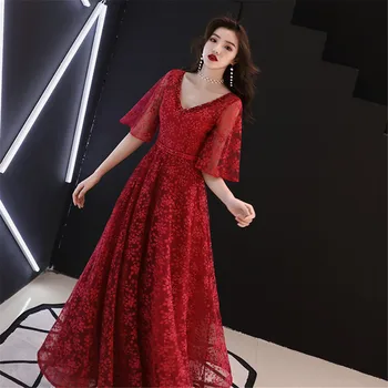 

Print Flower Maxi Evening Dress Women Lace Cheongsam V-neck Luxury Sexy Vestidos De Festa Full Length Bride Wedding Dresses