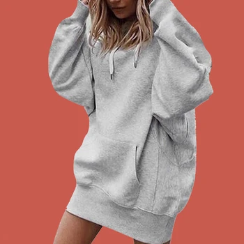 

Plain Hooded Lace Up Sweatshirt Oversized Hoodie Dress Poleron Mujer 2020 Tunic Long Sleeve Kangaroo Pocket Hoodie Thick Women