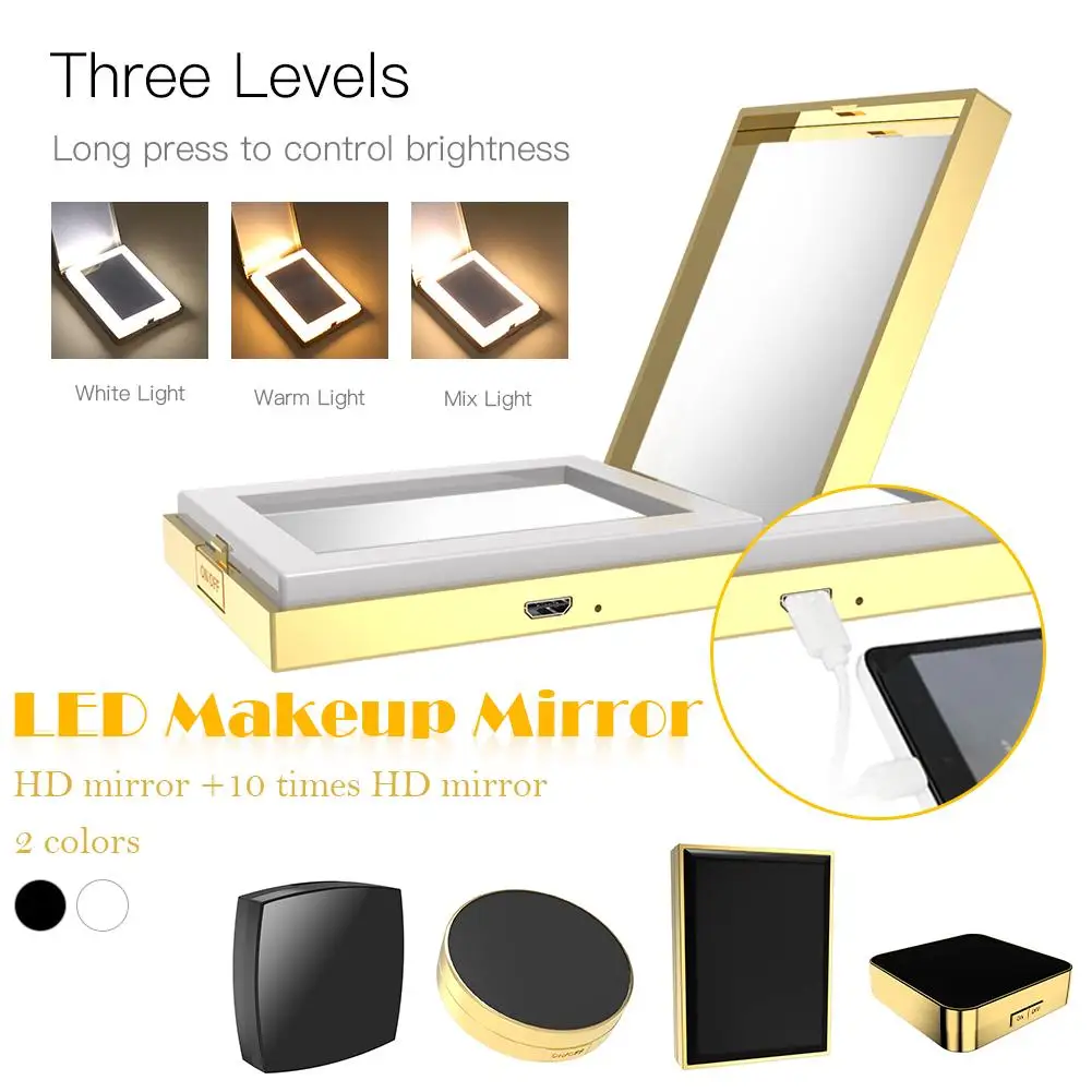 

Makeup Mirror Three-level Warm And Cold Light Freely Adjustment Portable 10 Times Lens Lighted Makeup Mirror Compact Women