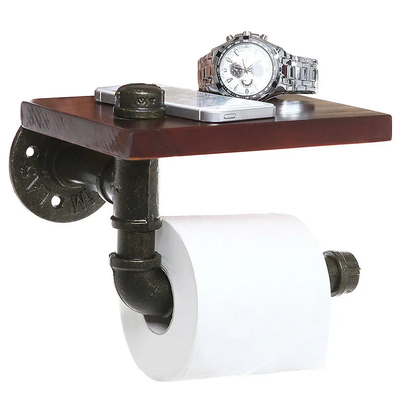 

Bathroom Shelves Industrial Retro Iron Toilet Paper Holder Bathroom Hotel Roll Paper Tissue Hanging Rack Wooden Shelf Holder