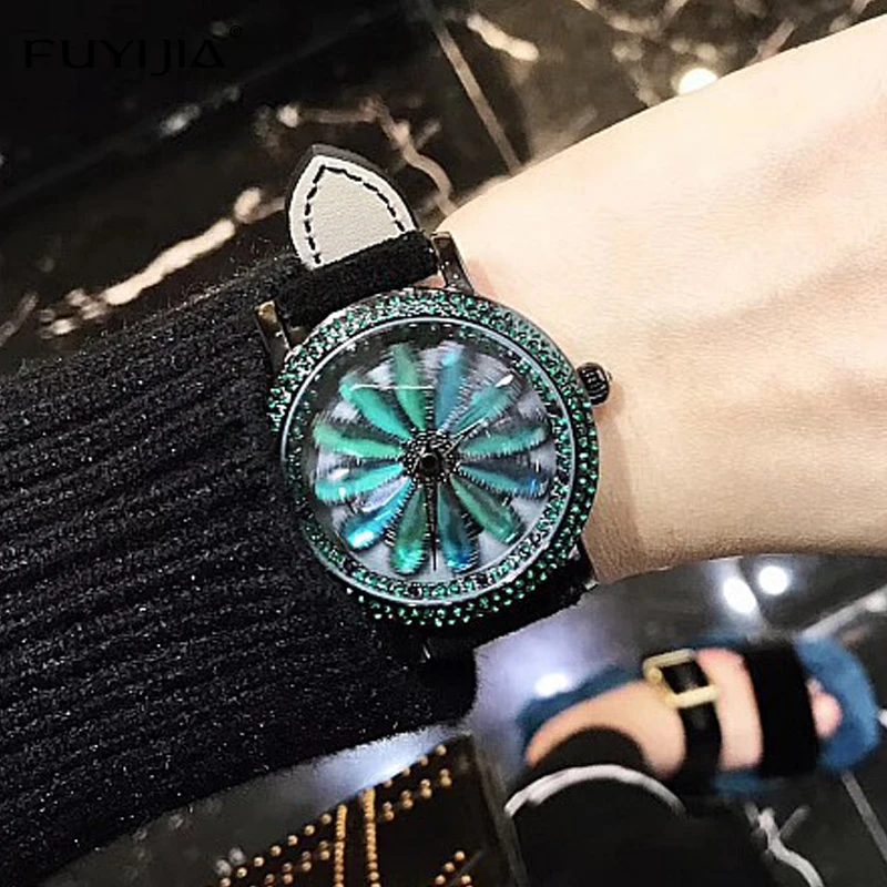 

FUYIJIA Watches Women New Quartz Watch Green Diamond Luxury Dress Watch Ladies Leather Bracelet Watch Lady Waterproof Rotate