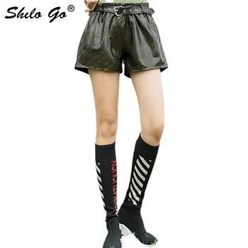 

Streetwear Leather Shorts Women Casual Snake Belt High Waist Sheepskin Genuine Leather Wide Leg Shorts Loose Female Hot Shorts