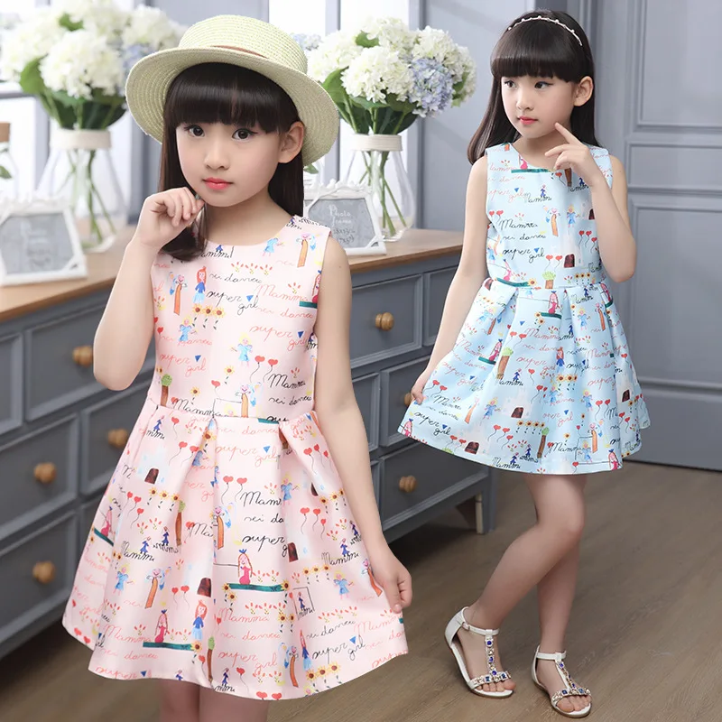 Hot Cartoon Castle Summer Sleeveless Girls Print Dress Knee Length ...