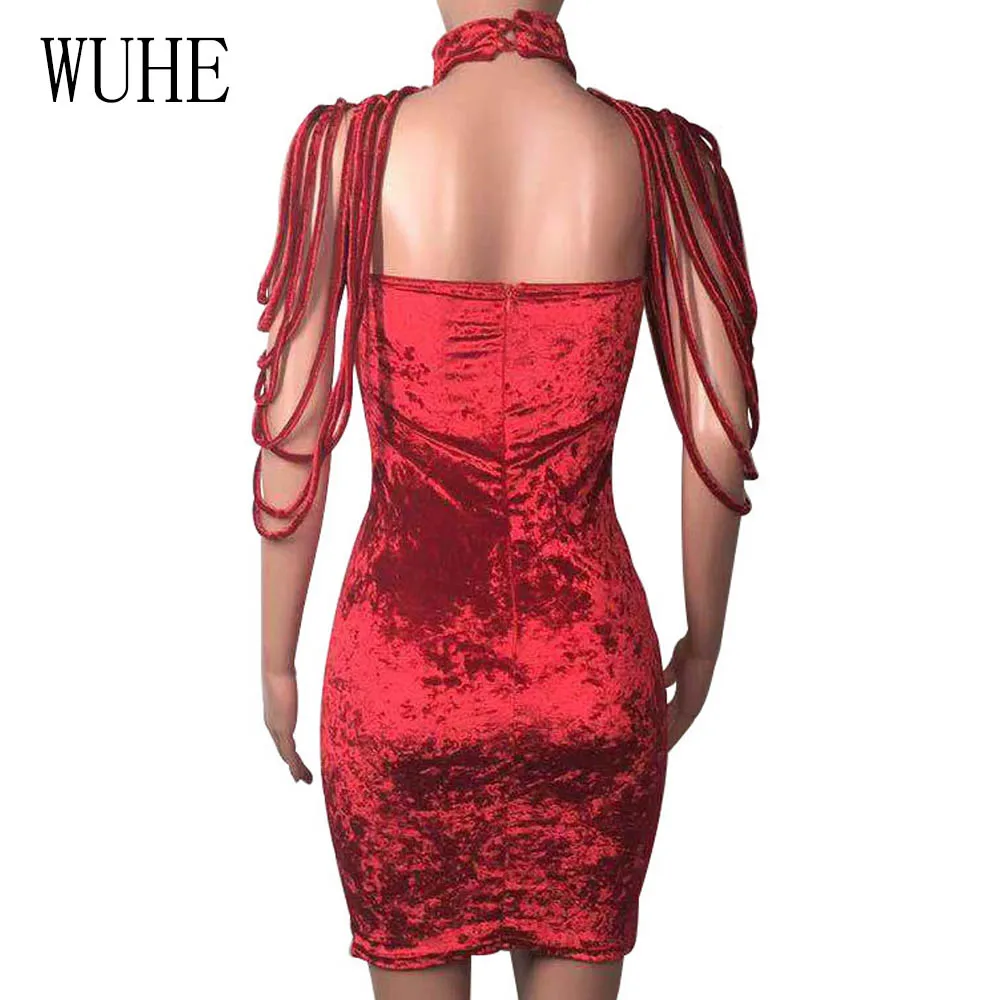 WUHE женское бархатное платье без рукавов весеннее сексуальное Клубное однотонное Черное Красное Облегающее платье со съемным воротником стрейч вечерние мини-платья