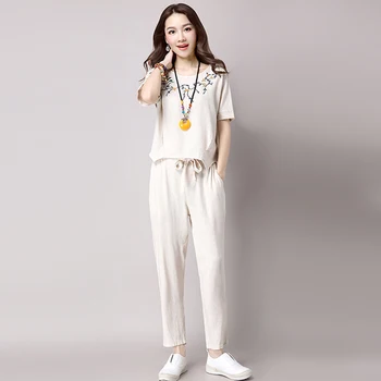 

Casual Embroidered Blusas Top&pants Set Cotton Batwing Sleeve Trousers Suit Sets Drawstring Harem Pants Tracksuit Capris