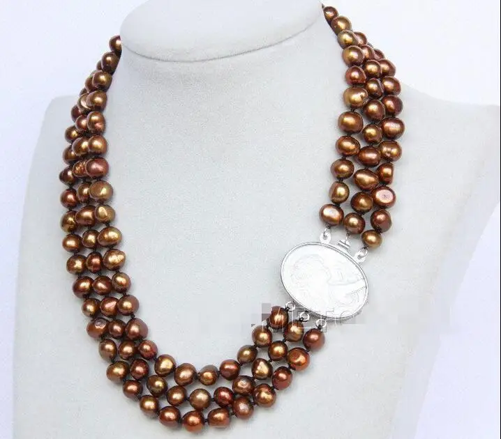 

Free shipping hot sale Women Bridal Wedding Jewelry >>16"-18" 3row 9mm coffee pearls necklace seashell clasp E2750