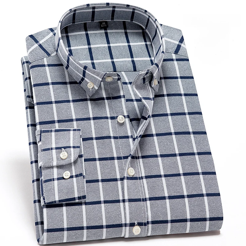 

New Recommend Good quality comfortable oxford fabric slim fit stand button collar mens long sleeved casual plaid striped shirts