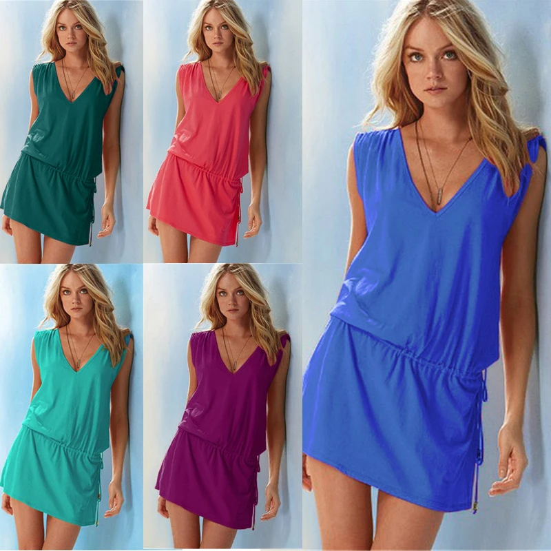2020 women summer beach dress girls students Deep v neck sexy solid