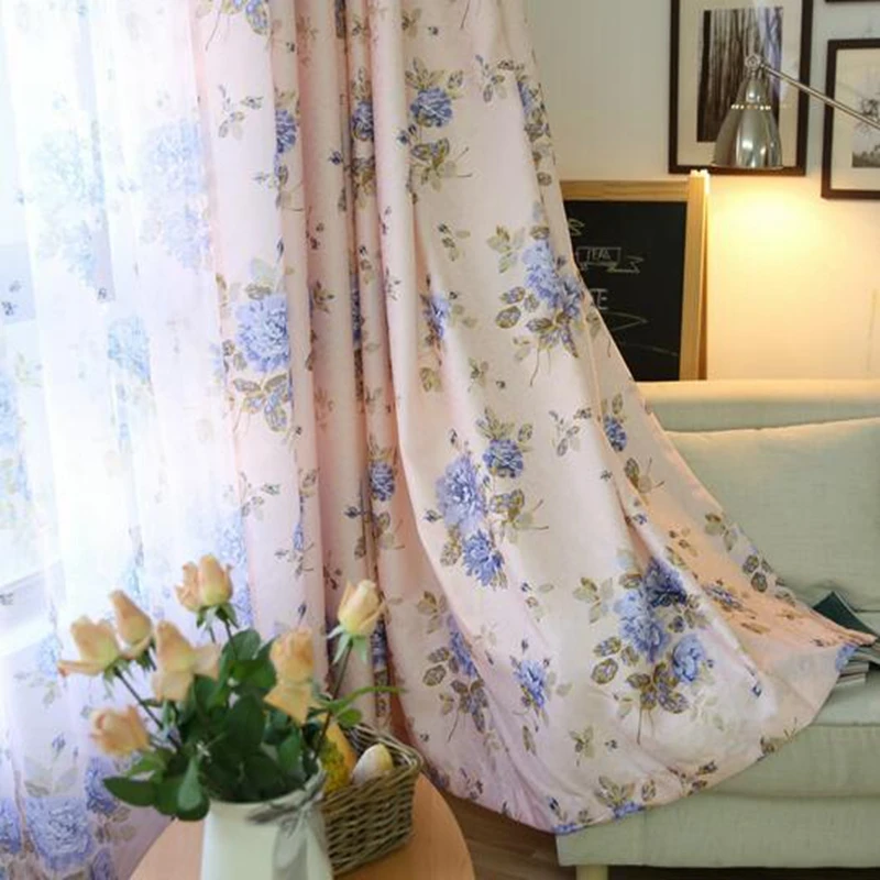 Pastoral Romantic Pink Rose Print Floral Curtains For Living Room