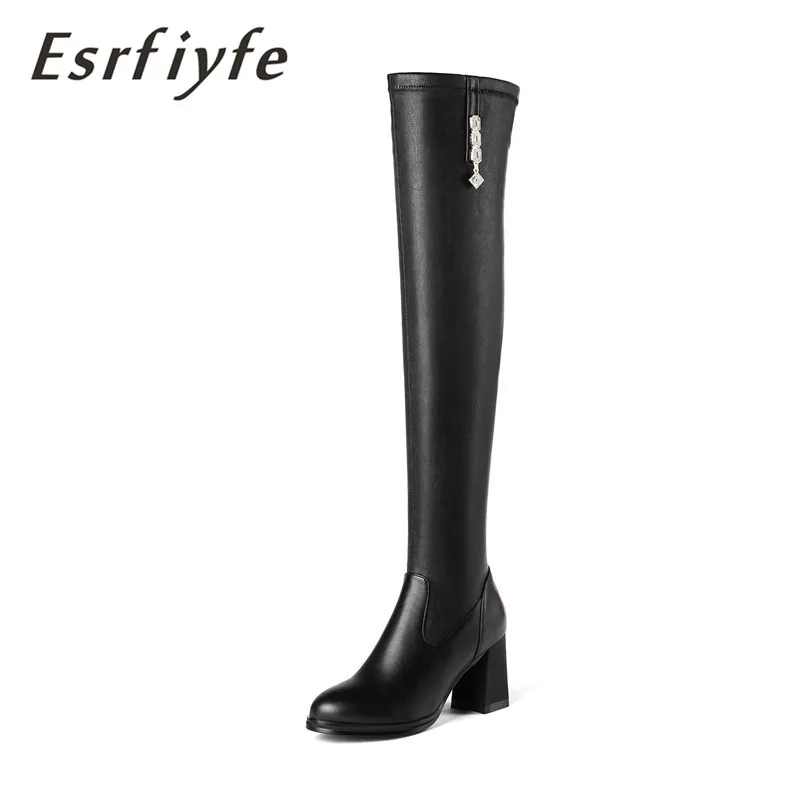 

ESRFIYFE 2018 New Soft Leather Boots Fashion Slip on Over The Knee Boots Women Warm Short Plush Boots Round Toe Winter Boots